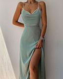 Chain Linked Cowl Neck Split Thigh Slip Dress Prom Dress HZ1023