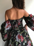 Off-The-Shoulder Beaded Decorate Floral Print Mesh Split-Side Prom Dress Long Evening Dress HZ1023