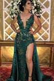 Green Straps Appliques Side-Slit Sleeveless A-Line Prom Dress HZ1023