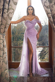 Off-the-Shoulder Lilac Prom Dress Long Split With Beads HZ1023