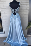 Light Blue A-line 3D Flowers Satin Long Prom Dress HZ1023