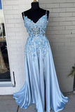 Light Blue A-line 3D Flowers Satin Long Prom Dress HZ1023