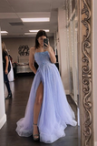 Lavender prom dresses beaded spaghetti straps long evening dress with side slit HZ1023