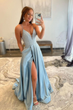 Blue satin long prom dress A line evening dress HZ1023