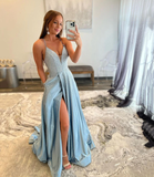 Blue satin long prom dress A line evening dress HZ1023