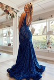 Plunge Royal Blue Sequins Mermaid Long Evening Dress HZ1023