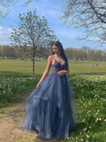 GRAY BLUE V NECK TULLE LACE LONG PROM DRESS BLUE FORMAL DRESS HZ1023