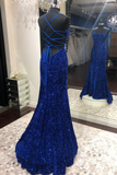 Blue sequins long prom dress mermaid evening dress HZ1023