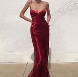 Sexy Sheath V Neck Spaghetti Straps Red Satin Long Prom Evening Dress HZ1023