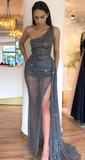 Sparkly Sequin Tulle One Shoulder Sexy High Slit Prom Dresses ,Prom outfits HZ1023