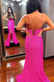 Straps Hot Pink Sequins Mermaid Long Prom Dress HZ1023