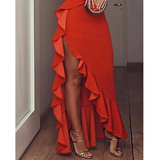 Halter Ruffles Hem High Slit Party Dress Women Spaghetti Strap V Neck Sexy Long Prom Dress HZ1023
