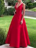 Simple Solid Color Spaghetti-Neck V-Back A-Line Prom Dress HZ1023