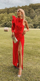 One Shoulder Red Long Sleeve Prom Dress Wedding Guest Dress Evening Dress HZ1023