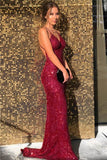 Burgundy Sequin V-Neck Spaghetti Straps Backless Prom Evening Dress HZ1023
