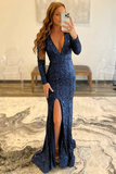 Mermaid Glitter Navy Sequins Mesh Evening Dress Backless Prom Dress HZ1023