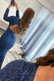 Mermaid Glitter Navy Sequins Mesh Evening Dress Backless Prom Dress HZ1023