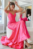 Elegant Hot Pink Mermaid V Neck Long Prom Dress, Backless Sleeveless Formal Dresses HZ1023
