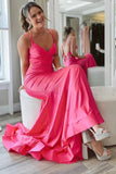 Elegant Hot Pink Mermaid V Neck Long Prom Dress, Backless Sleeveless Formal Dresses HZ1023