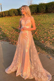 Sparkly Strapless Rose Gold Mermaid Lace Appliques Prom Dresses, Evening Dresses HZ1023