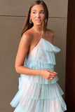 Elegant Halter Tulle Blue Prom Dress With Layers, Long Formal Evening Dresses HZ1023