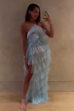 Elegant Halter Tulle Blue Prom Dress With Layers, Long Formal Evening Dresses HZ1023