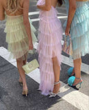 New Style Halter Layered Tulle Pink Prom Dresses HZ1023