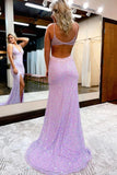 Lilac Mermaid Sequined V Neck Open Back Prom Dresses With Slit HZ1023