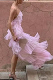 Stylish Pink Tulle Halter Layers Sleeveless Prom Dresses With Slit, Girl Dresses HZ1023
