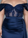 Off The Shoulder Navy Blue Satin Prom Dress HZ1023