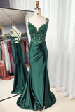 Green Mermaid Appliques Spaghetti Straps Ruched Prom Dress With Slit HZ1023