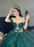 Green Tulle Applique Off the Shoulder Long Prom Dress Quinceanera Dress Ball Gown HZ1023