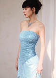 Blue Classy A Line Strapless Sequin Tulle Long Evening Dress Gown Dress HZ1023