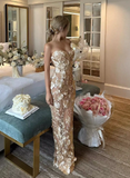 Champagne Sheath Strapless Appliques Tulle Long Party Dress Evening Dress HZ1023