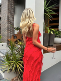 Red Sheath Spaghetti Straps Ruffles Chiffon Prom Dress Evening Dress with Slit HZ1023
