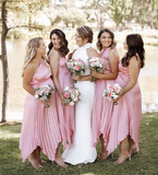 Elegant A Line One Shoulder Pleated Pink Satin Bridesmaid Dress Evening Dress HZ1023