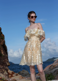Golden A Line Off the Shoulder Lace Short Homecoming Dress Vacation Dress Outfits HZ1023