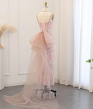 Pink Sheath Spaghetti Straps Rhinestone Sequin Tulle Prom Dress Evening Dress with Bow HZ1023