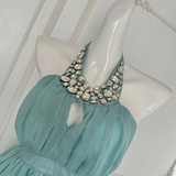 Gentle A Line Halter Rhinestone Blue Chiffon Open Back Homecoming Dress Cocktail Dress HZ1023