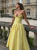 Elegant Yellow A Line Sweetheart Corset Satin Long Prom Dress Evening Dress HZ1023