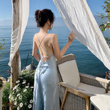 Elegant Sheath Spaghetti Strap Satin Long Prom Dress HZ1023