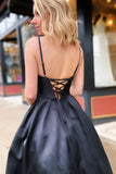 Simple Spaghetti Strap Beaded Satin Backless Long Prom Dresses Evening Dresses HZ1023