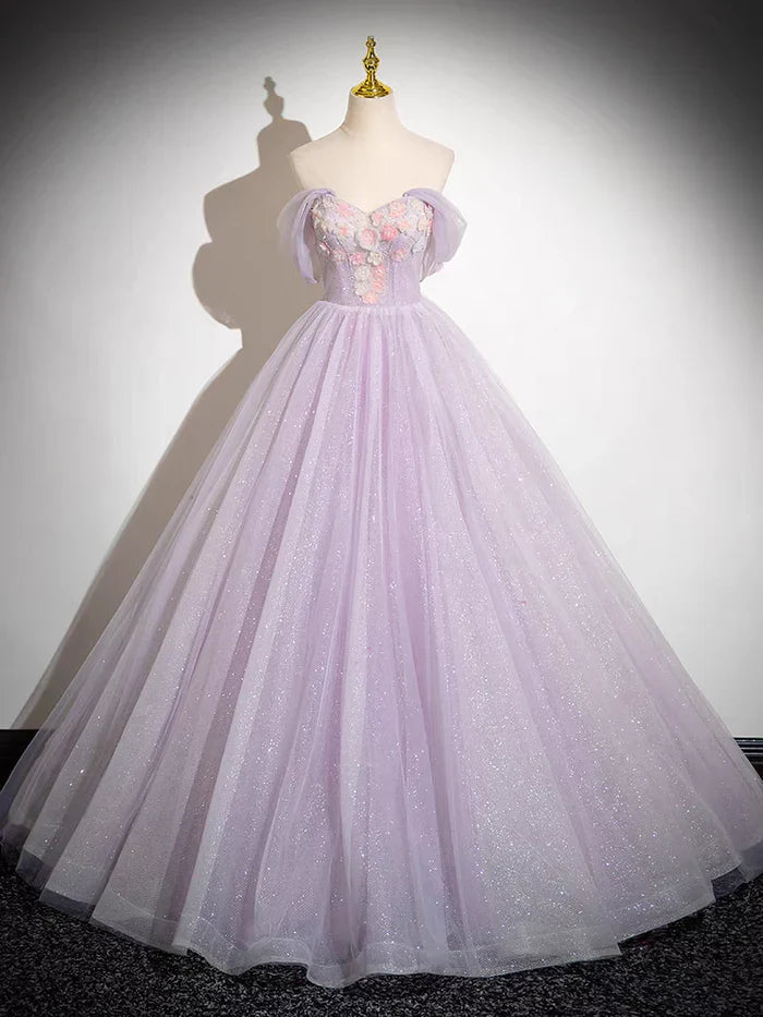 Elegant A Line Off the Shoulder Appliques Tulle Prom Dress Ball Gown HZ1023