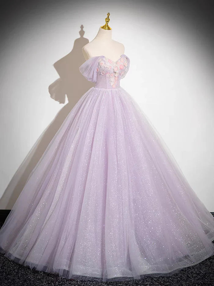 Elegant A Line Off the Shoulder Appliques Tulle Prom Dress Ball Gown HZ1023