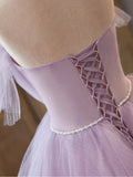 Lilac Strapless Pearls Appliques Tulle Long Prom Dresses Ball Gown HZ1023