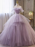 Lilac Strapless Pearls Appliques Tulle Long Prom Dresses Ball Gown HZ1023