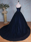 Navy Blue Strapless Sequins Tulle Long Prom Dresses Ball Gown HZ1023