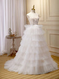 White Sweetheart Neck Appliques Tulle Long Prom Dresses Evening Dresses HZ1023
