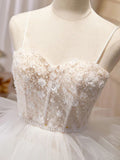 White Sweetheart Neck Appliques Tulle Long Prom Dresses Evening Dresses HZ1023