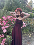 Vintage Burgundy Spaghetti Straps Long Prom Dress HZ1023
